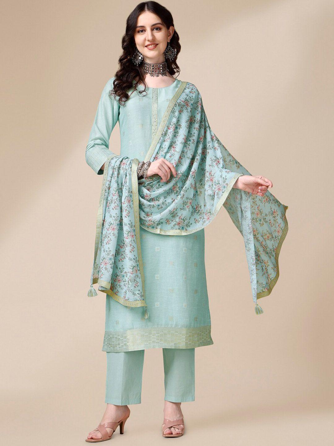 seerat geometric woven design round neck linen straight kurta & trousers with dupatta