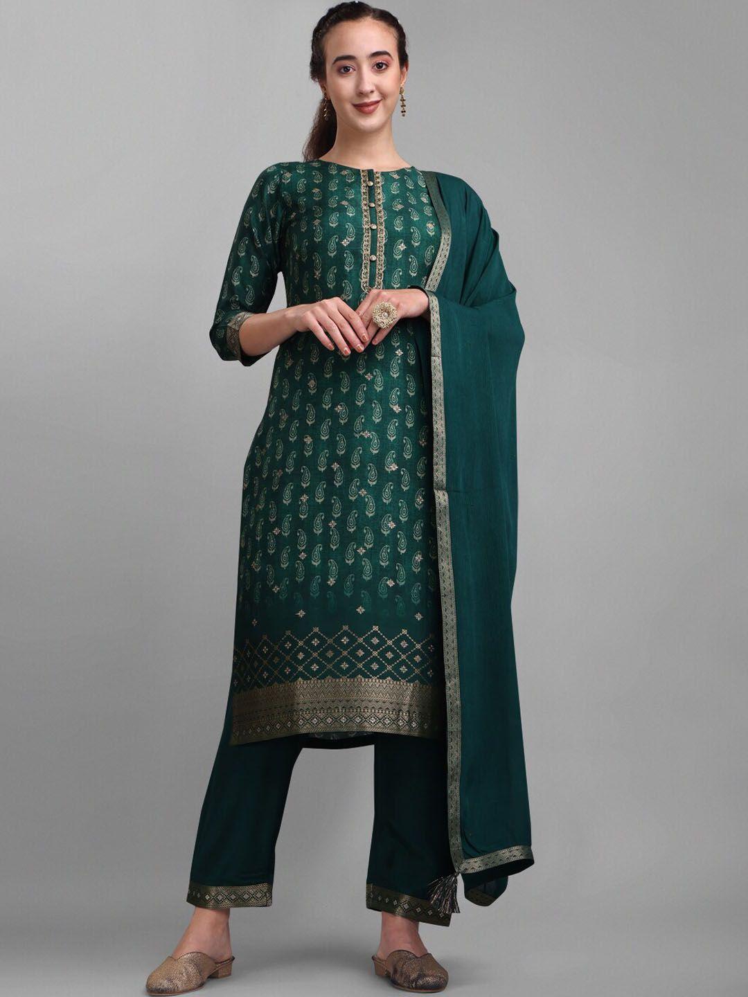 seerat paisley printed jacquard weave batik pure silk kurta with trousers & dupatta