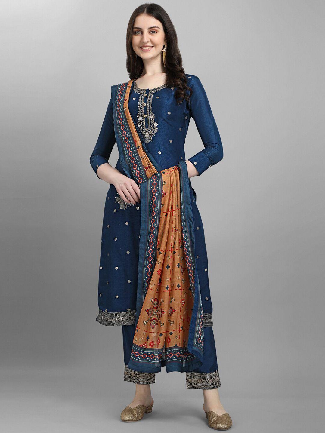 seerat women blue embroidered layered pure silk kurta with churidar & with dupatta