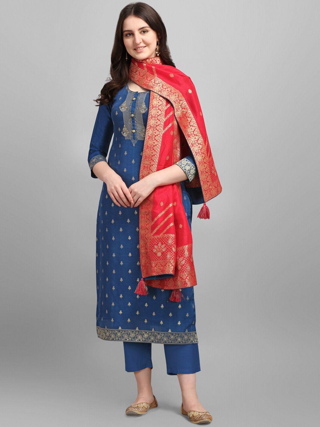 seerat women blue embroidered pure silk kurti with trousers & dupatta