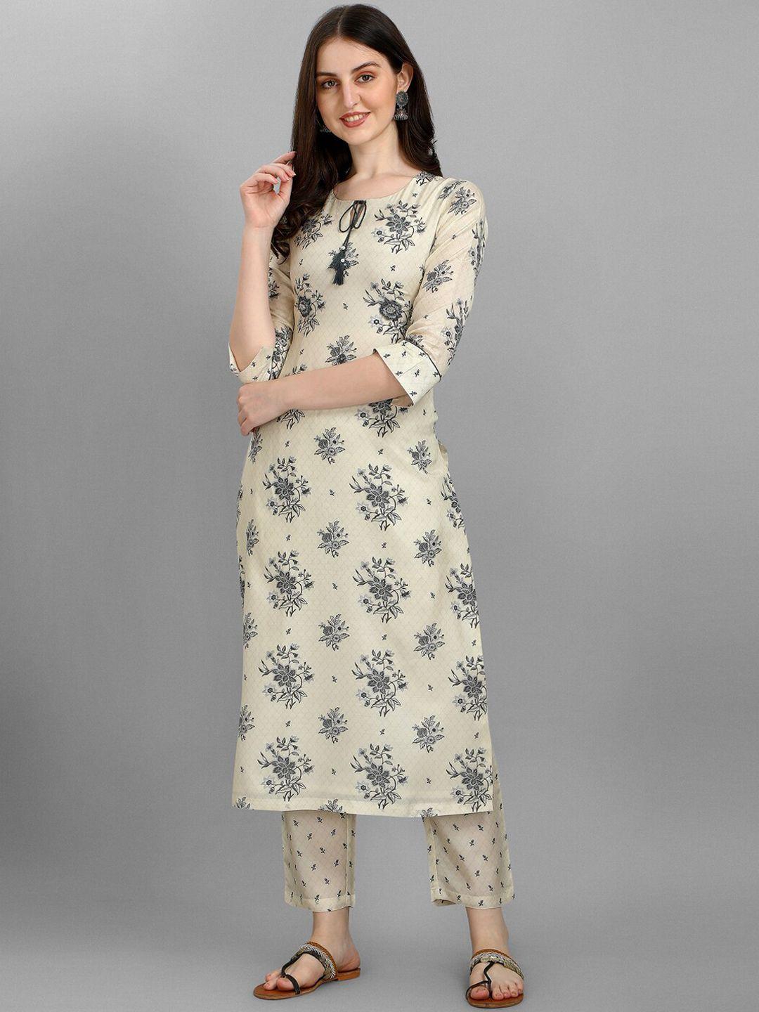 seerat women cream-coloured floral printed panelled silk crepe kurta with trousers