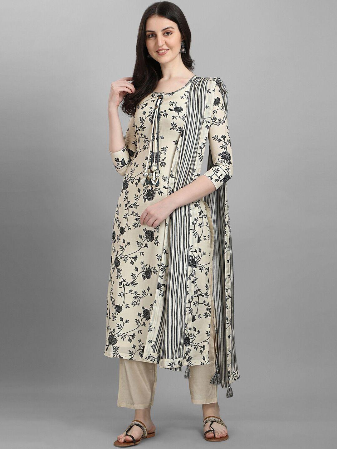 seerat women cream-coloured floral printed silk crepe kurta with trousers & with dupatta