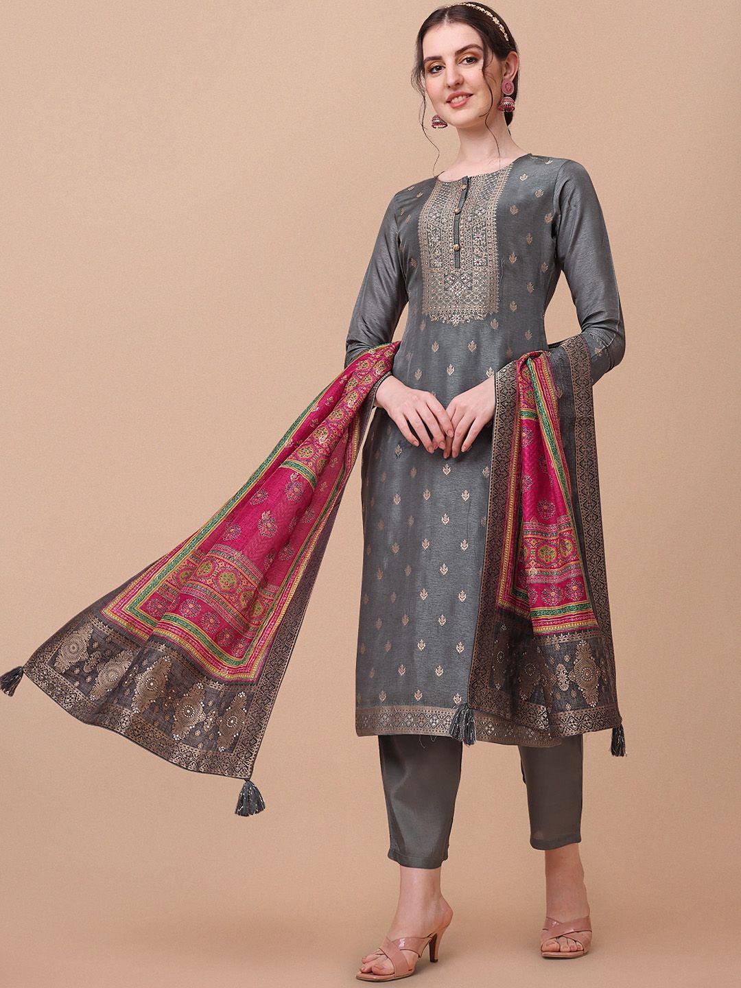 seerat women ethnic motifs printed pure silk jacquard kurta with trousers & dupatta