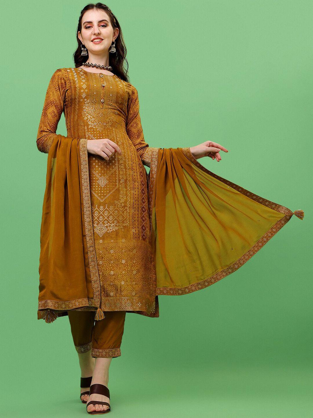 seerat women gold bandhani printed pure silk kurta with trousers & with dupatta