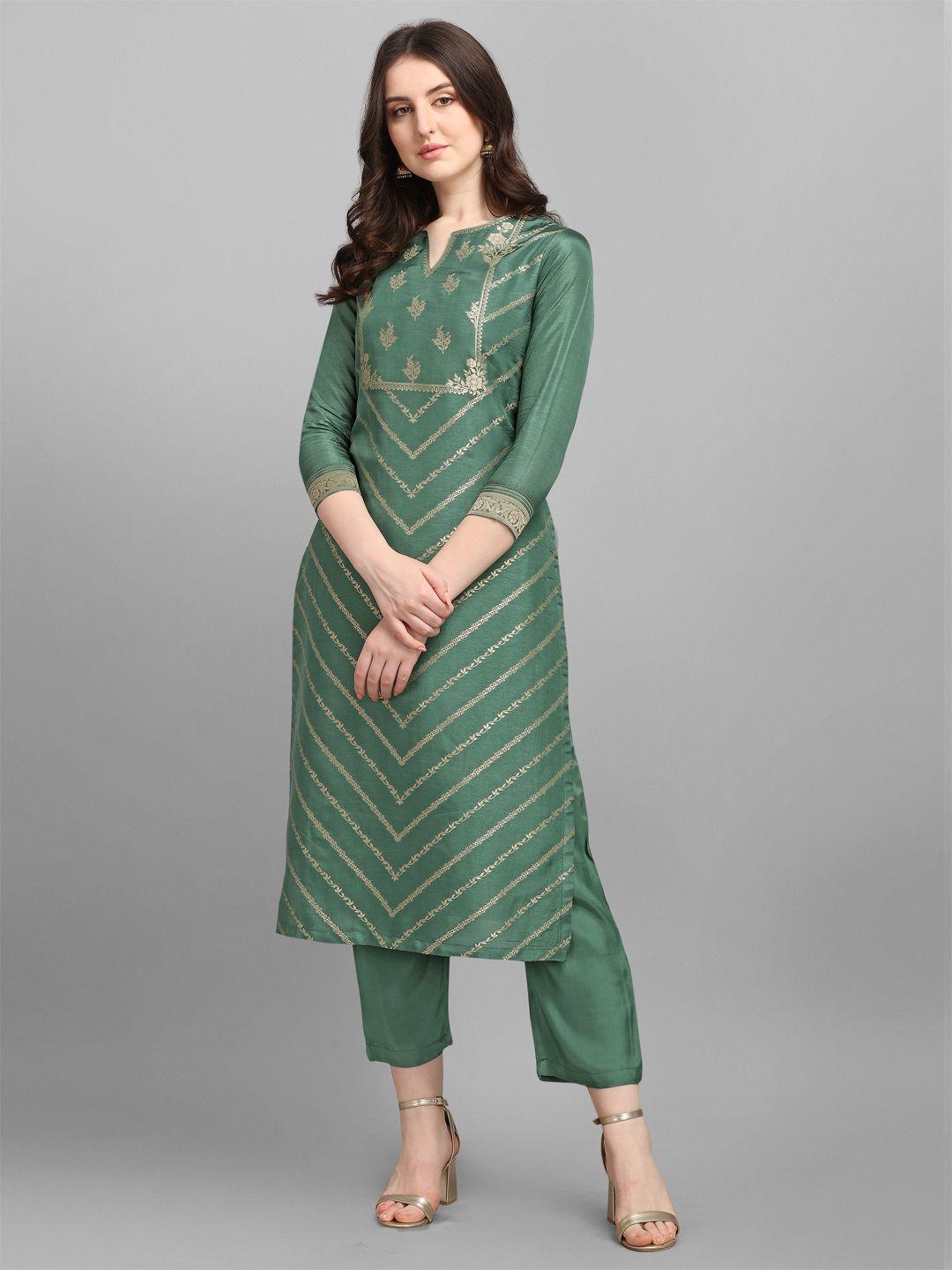 seerat women green & gold-toned solid kurta with trousers