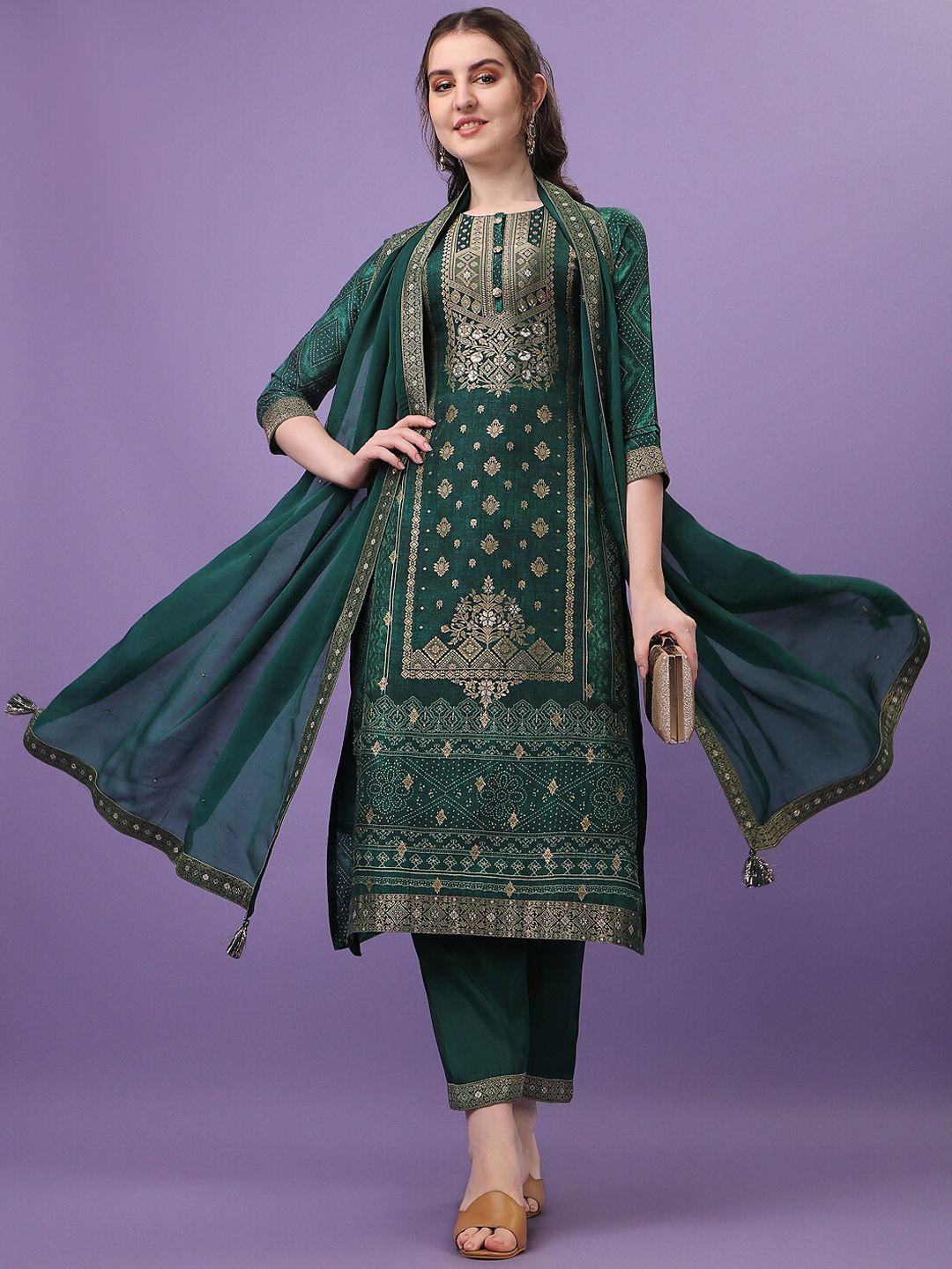 seerat women green bandhani printed pure silk kurta with trousers & with dupatta