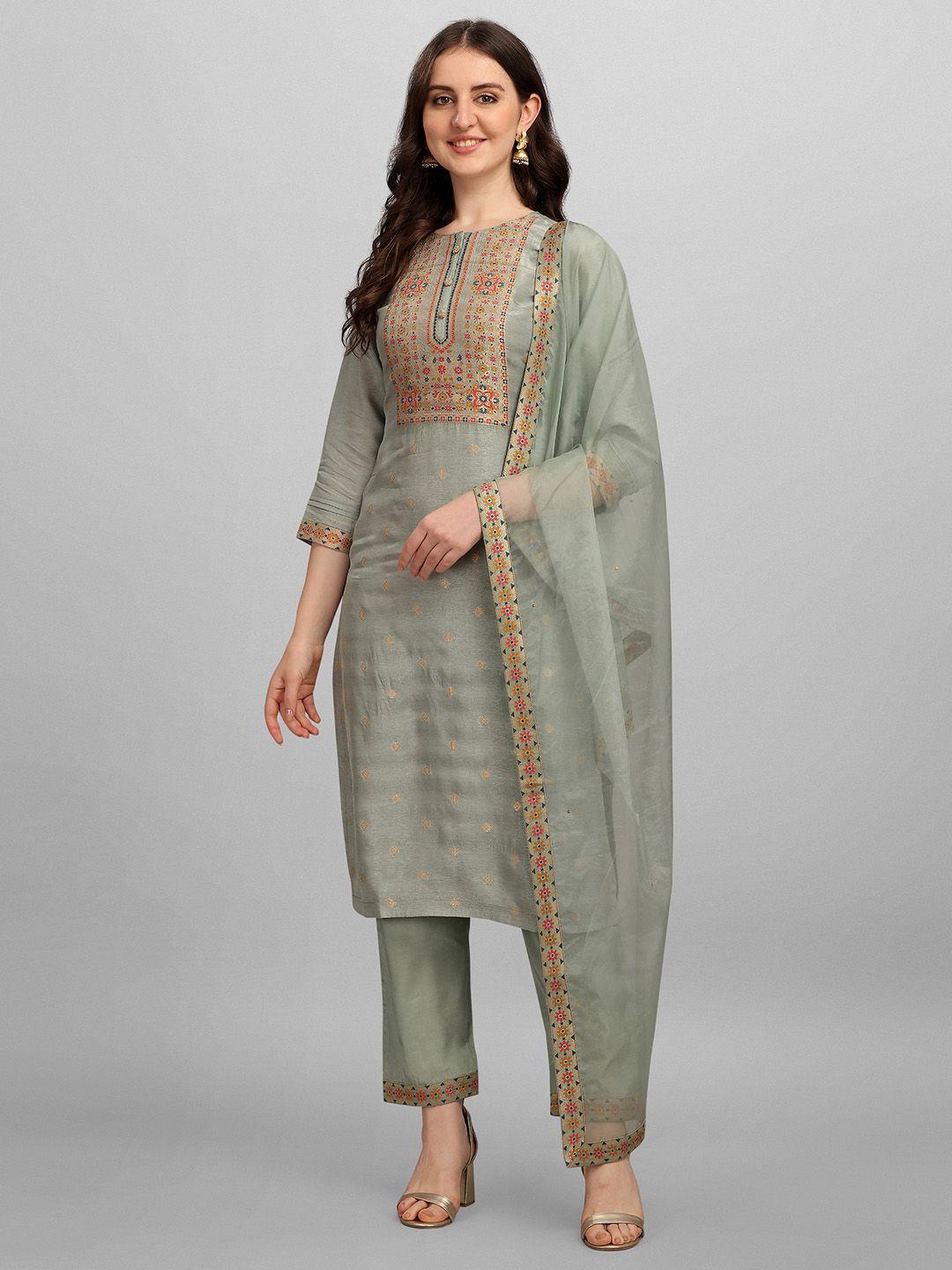 seerat women grey embroidered regular pure silk kurta with trousers & with dupatta