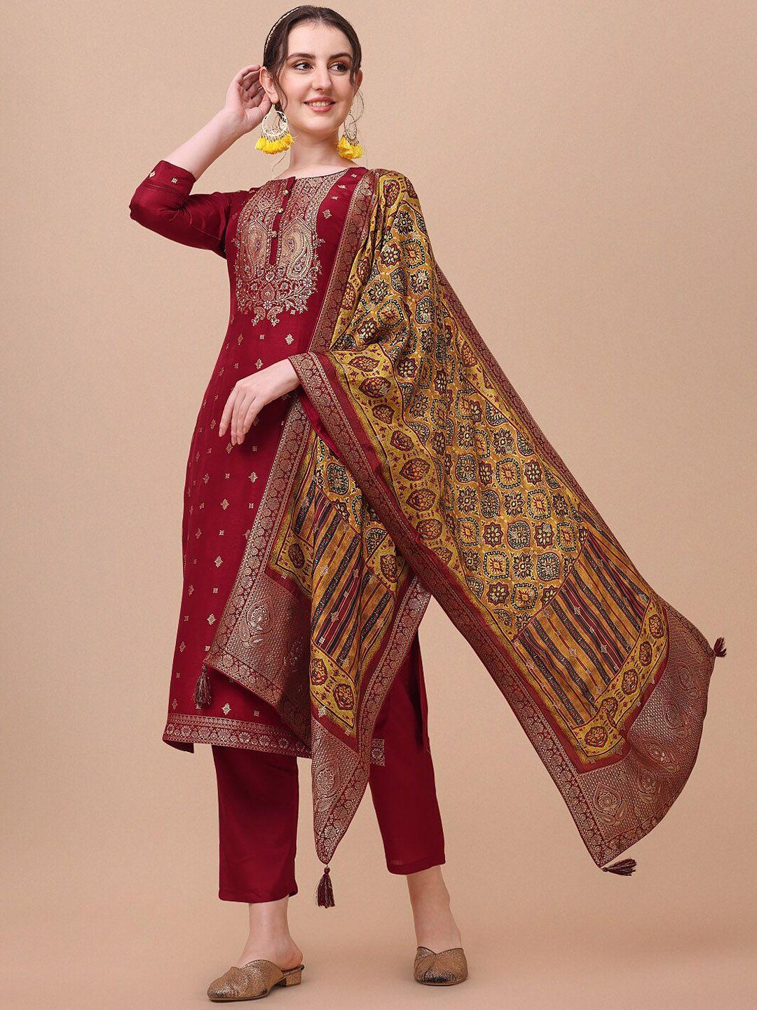 seerat women maroon ethnic motifs jacquard pure silk kurta with trousers & dupatta