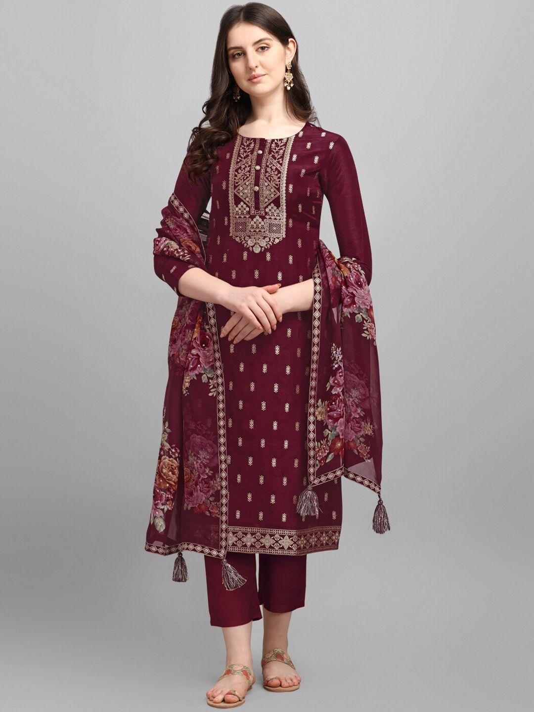 seerat women maroon ethnic motifs pure silk kurta with trousers & with dupatta