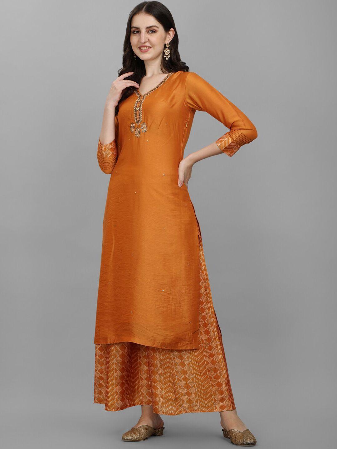 seerat women mustard yellow embroidered chanderi silk kurta with palazzos & with dupatta