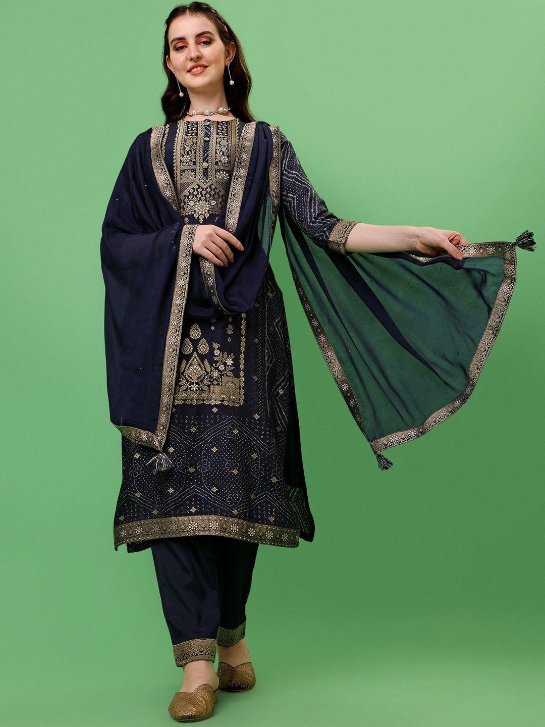 seerat women navy blue bandhani printed pure silk kurta with trousers & with dupatta