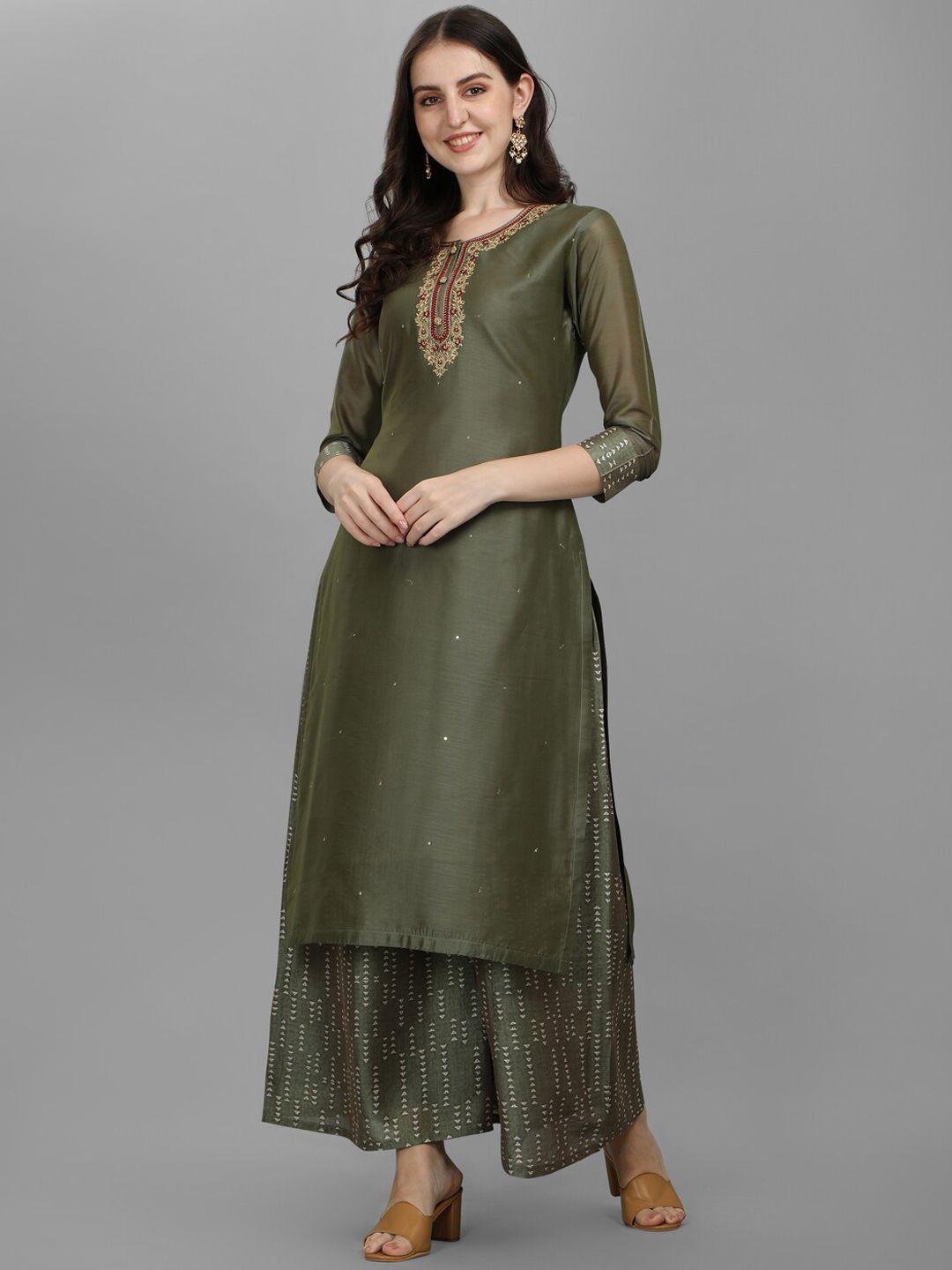 seerat women olive green floral embroidered chanderi silk kurta with palazzos & with dupatta