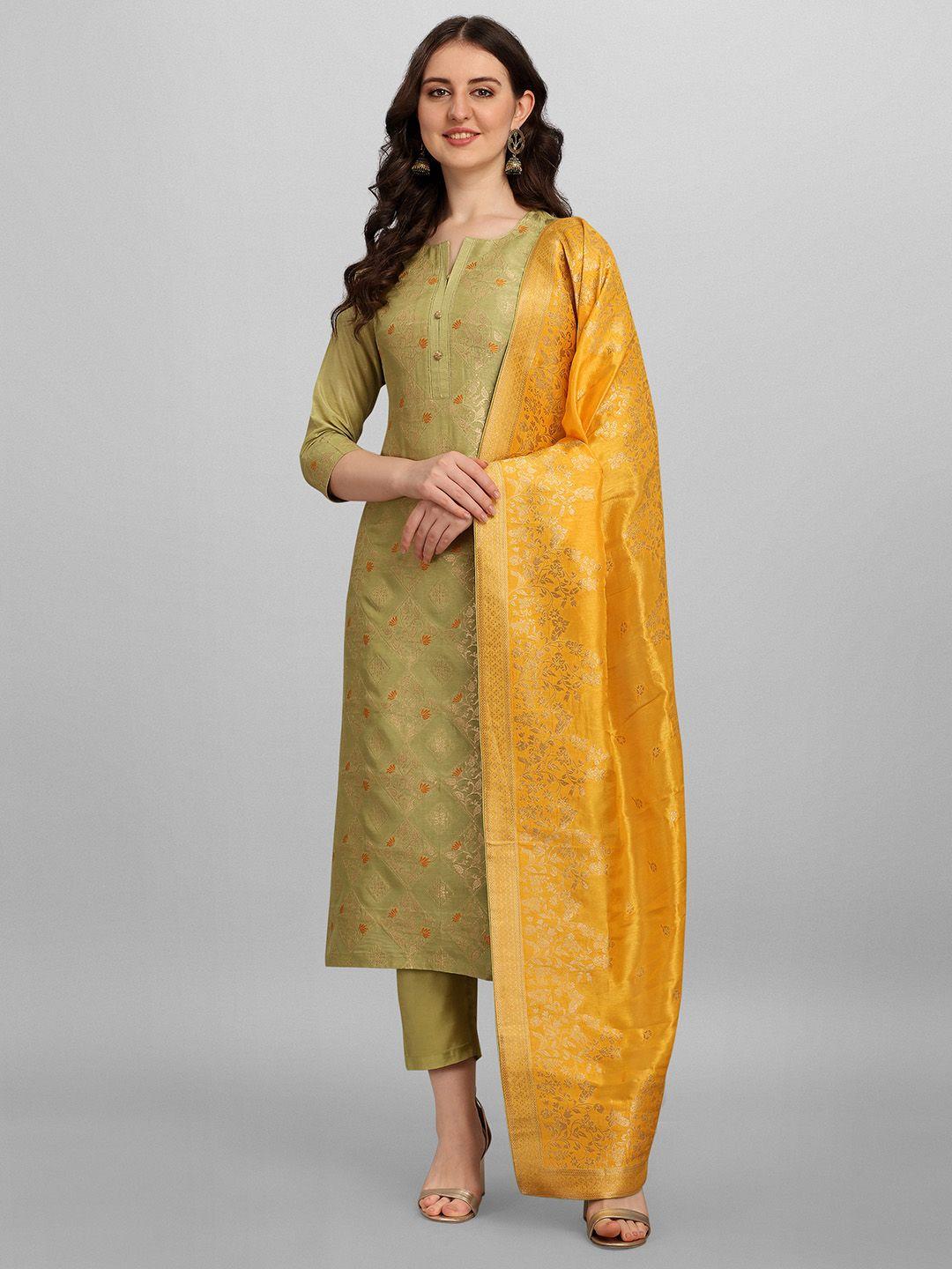 seerat women olive green floral regular pure silk kurta with trousers & with dupatta