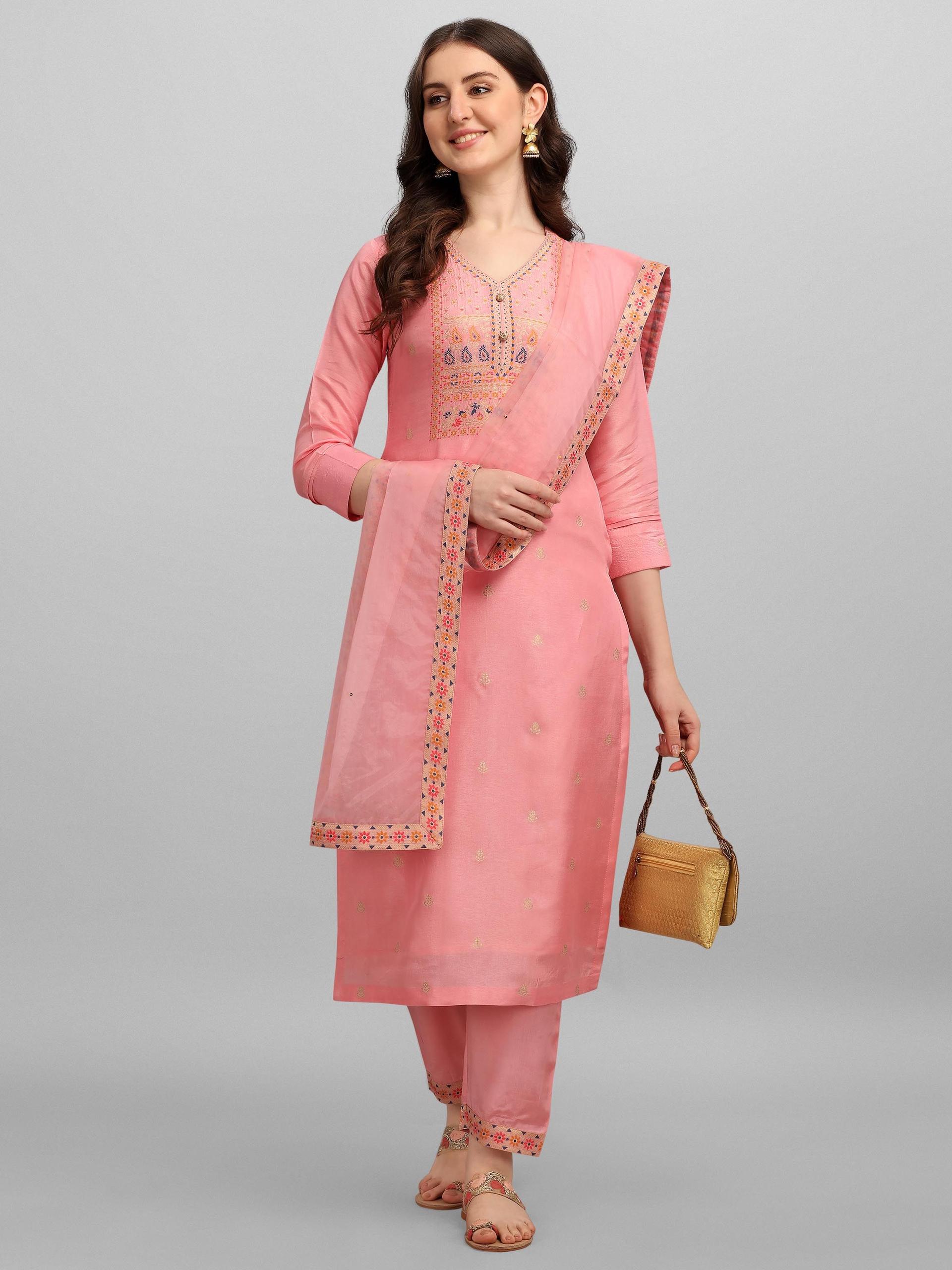 seerat women pink ethnic motifs printed regular pure silk kurta with trousers & dupatta