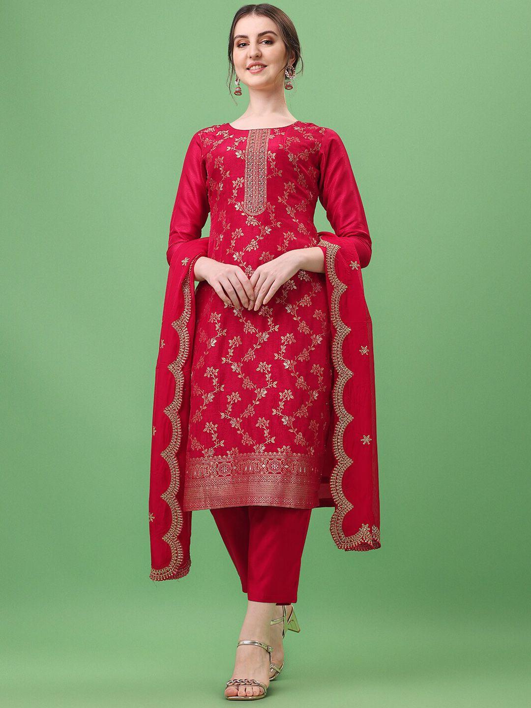 seerat women red ethnic motifs jacquaed kurta with trousers & with dupatta