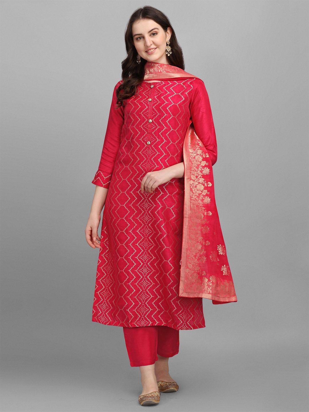 seerat women red printed regular straight pure silk jacquard kurta, palazzos & stole