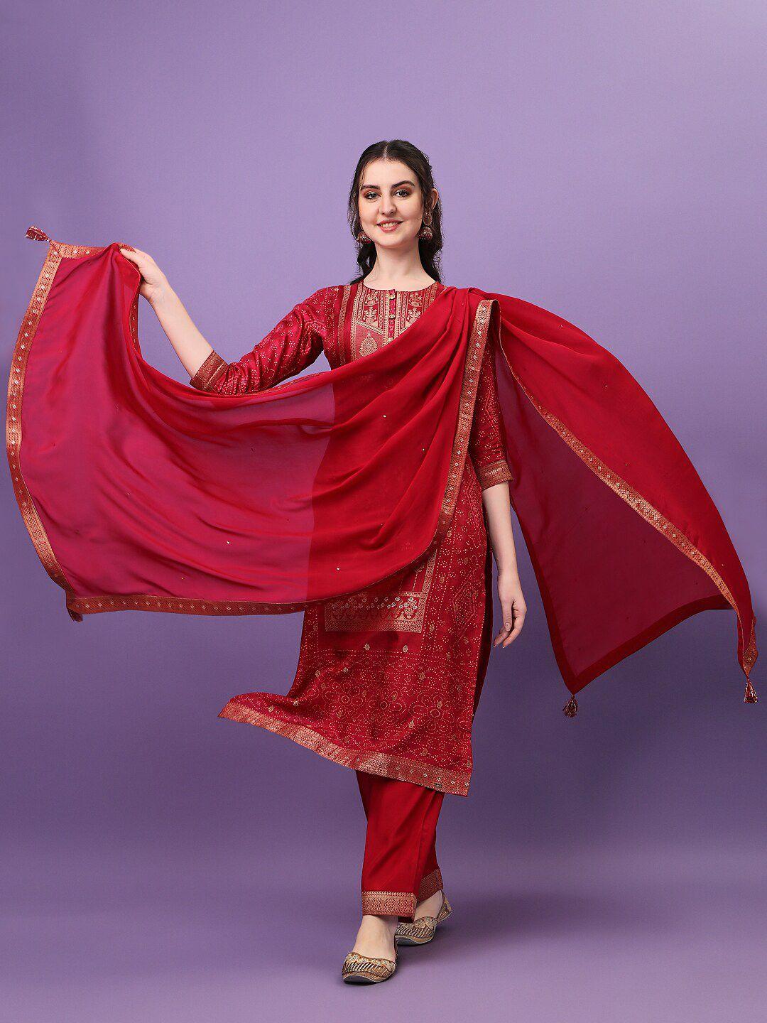 seerat women rose pink ethnic motifs printed jacquard kurta with trouser & dupatta