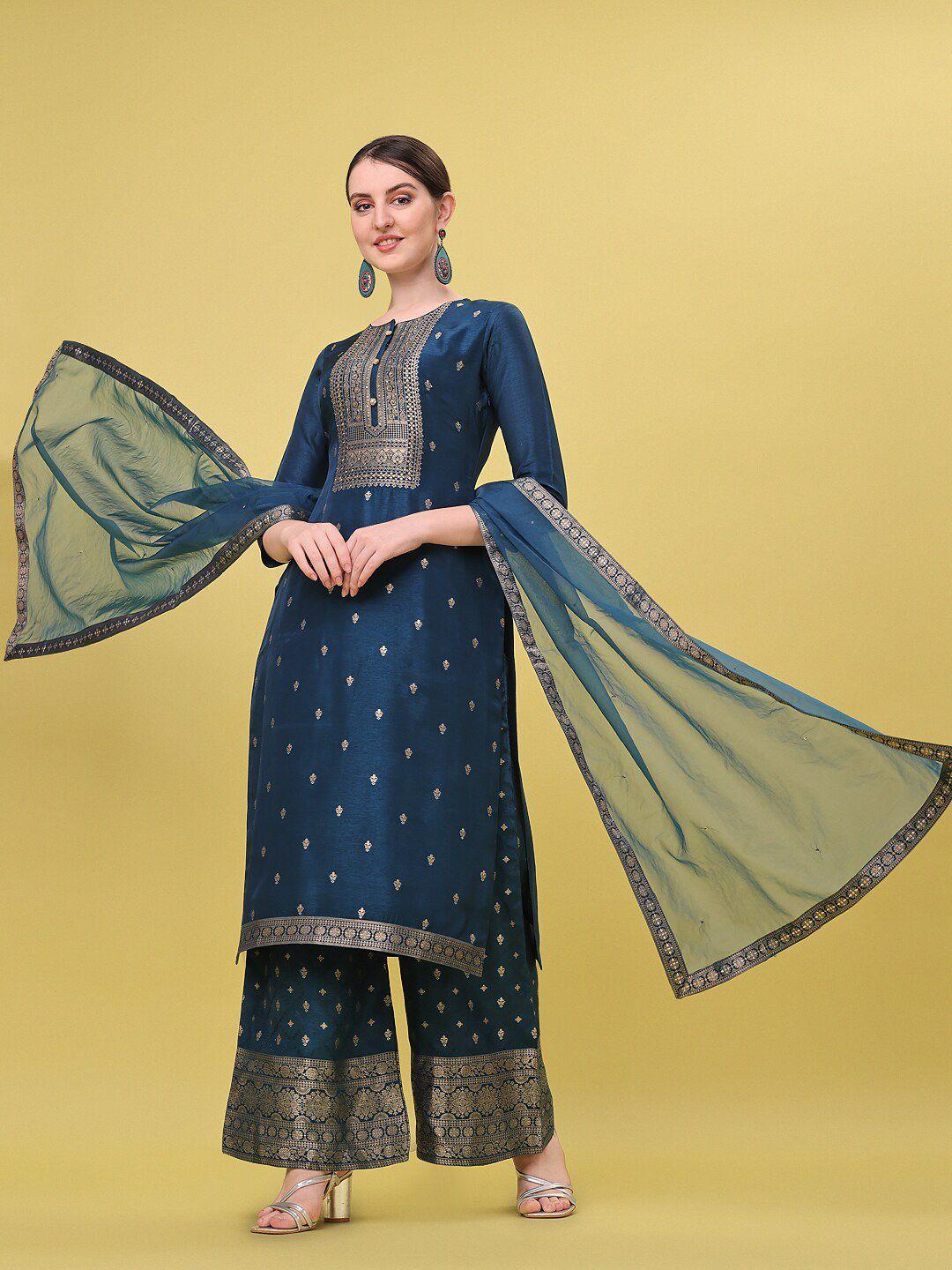 seerat women teal blue ethnic motifs printed pure silk kurta with palazzos & with dupatta