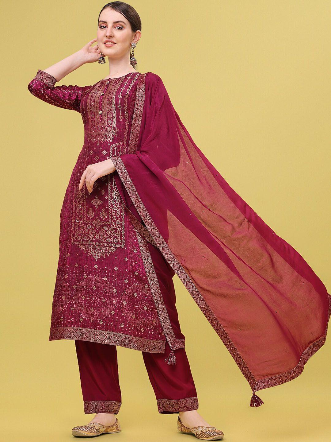 seerat women wine ethnic motifs printed jacquard kurta with trouser & dupatta