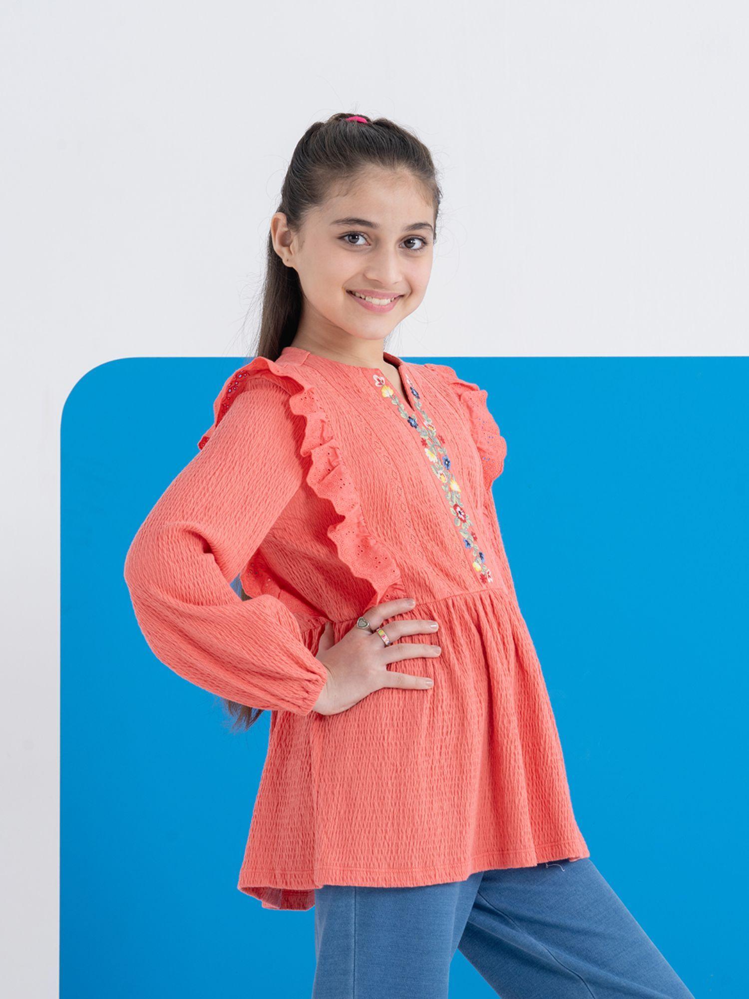 seersucker girls pink thread embroidered top with chiffon lace