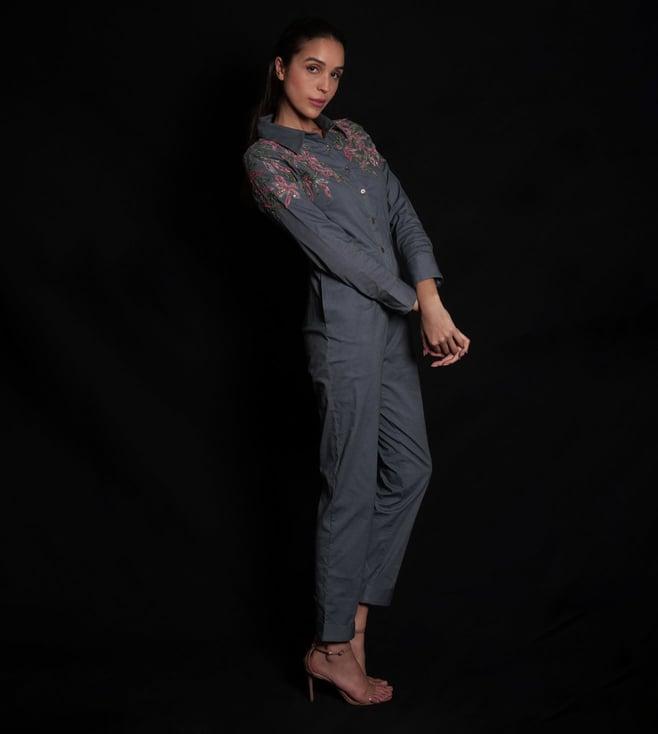 seesa grey resort wear titanium tulle embroidered jumpsuit