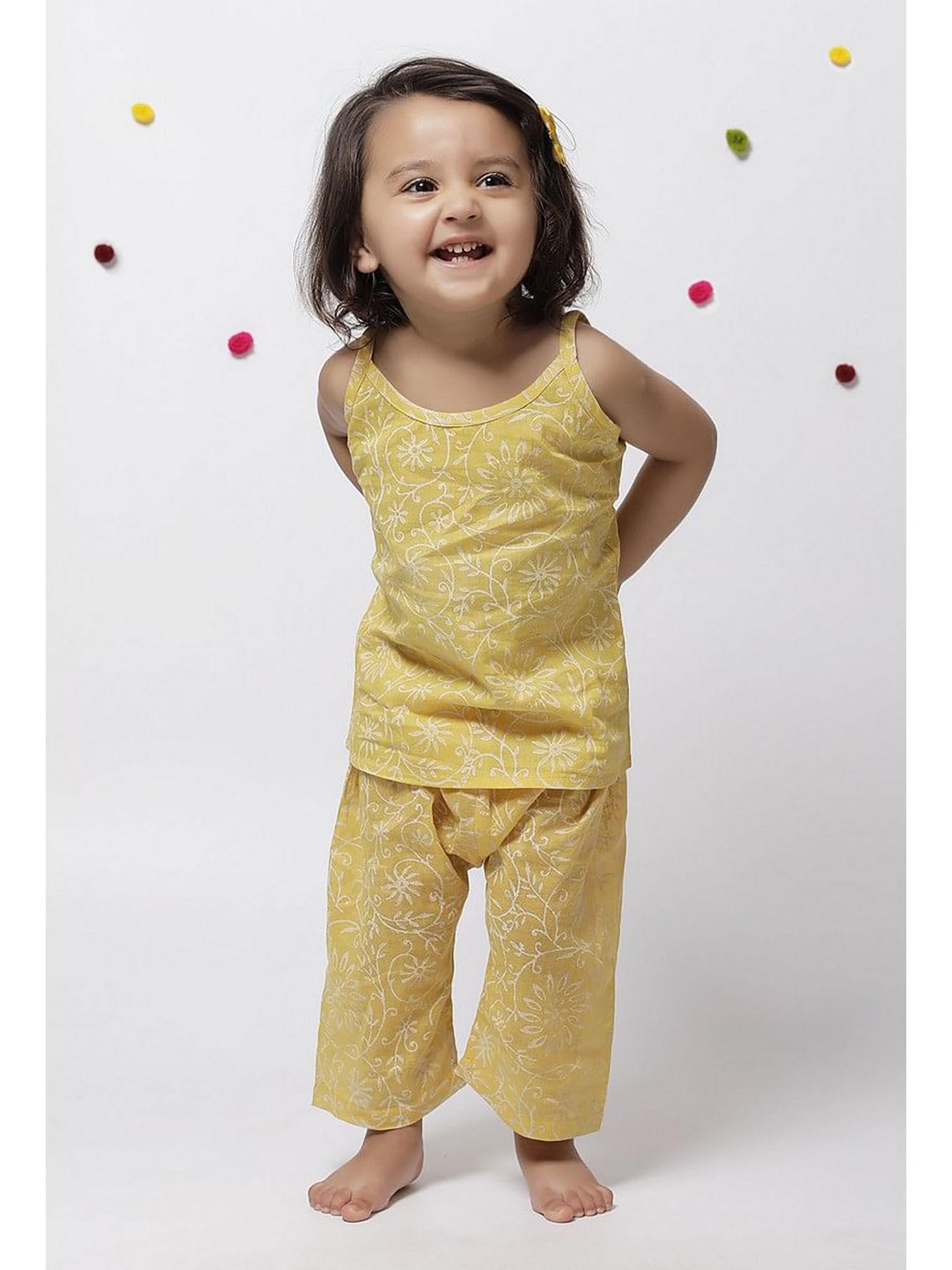 sehar yellow kota slip top with handblock printed cotton pants (set of 2)