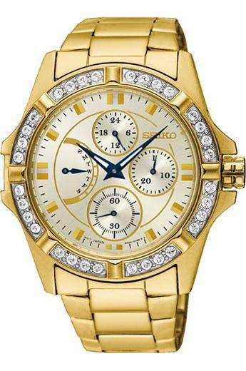 seiko lord beige dial quartz watch with steel & yellow gold pvd bracelet for women - srlz86p1