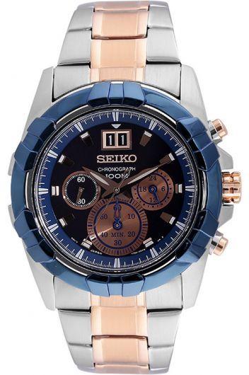 seiko lord blue dial quartz watch with steel & rose gold pvd bracelet for men - spc227p1