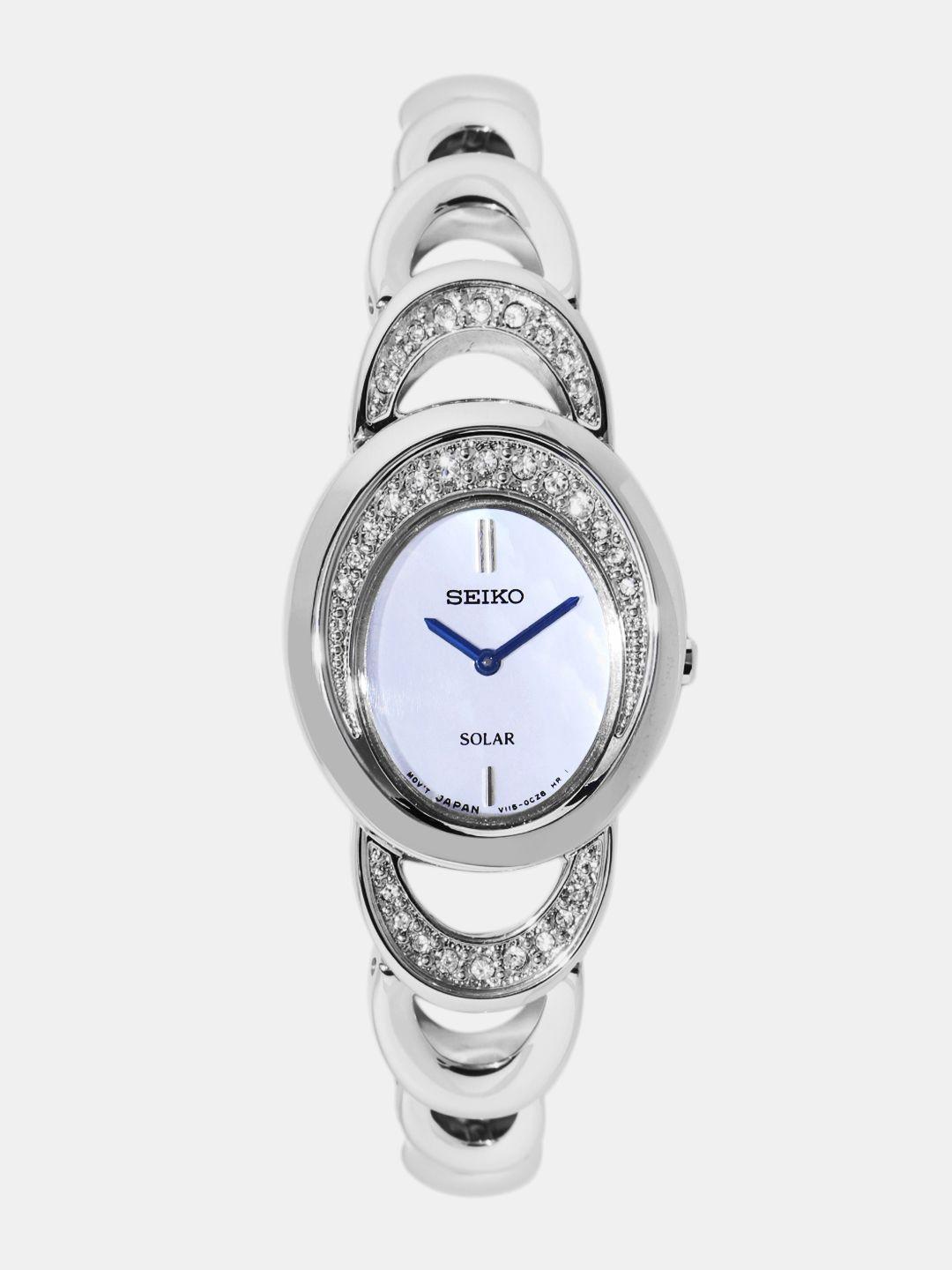 seiko women mother of pearl solar analogue watch with swarovski crystals sup295p1_or