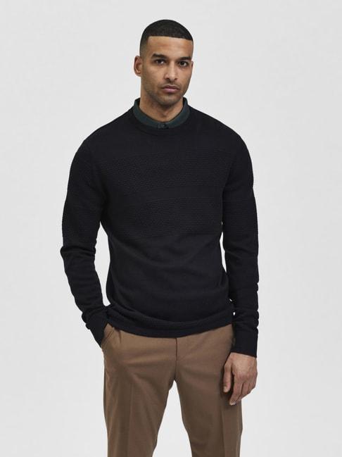 selected homme black cotton regular fit texture sweater
