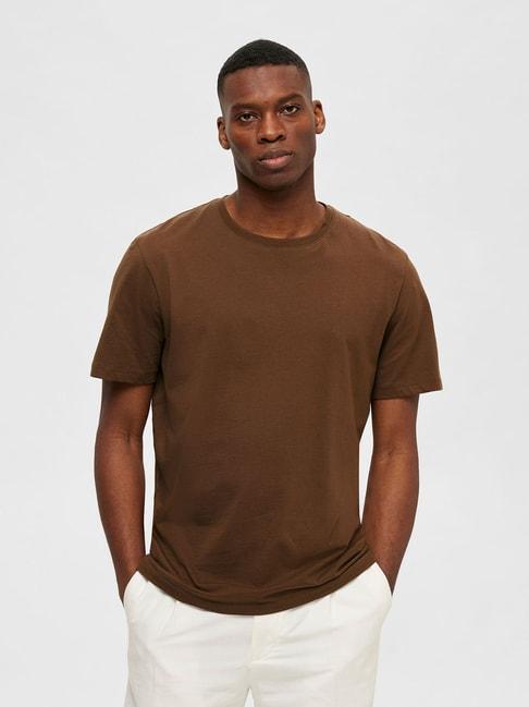 selected homme brown slim fit cotton crew t-shirt