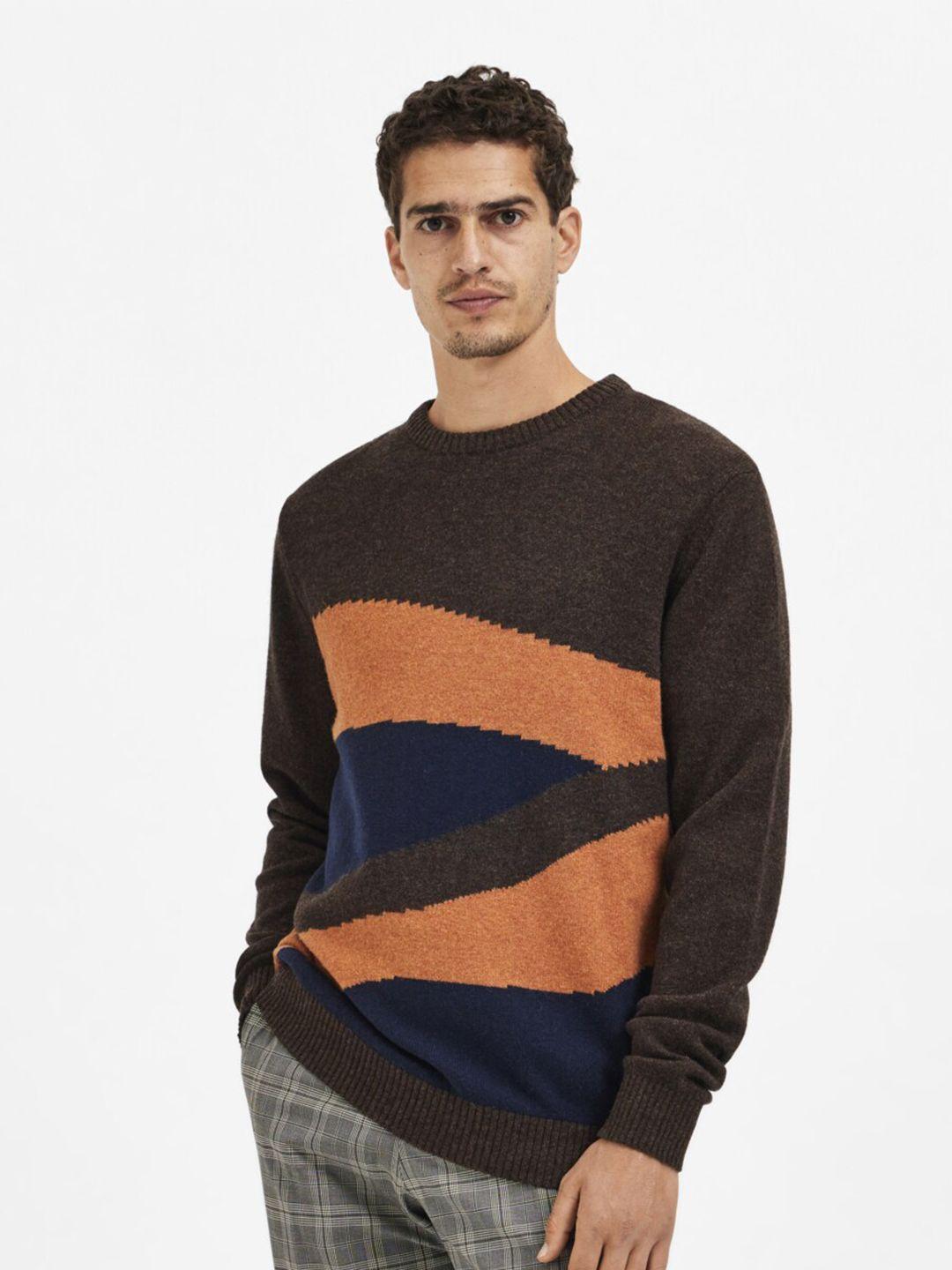 selected men brown & orange colourblocked pullover