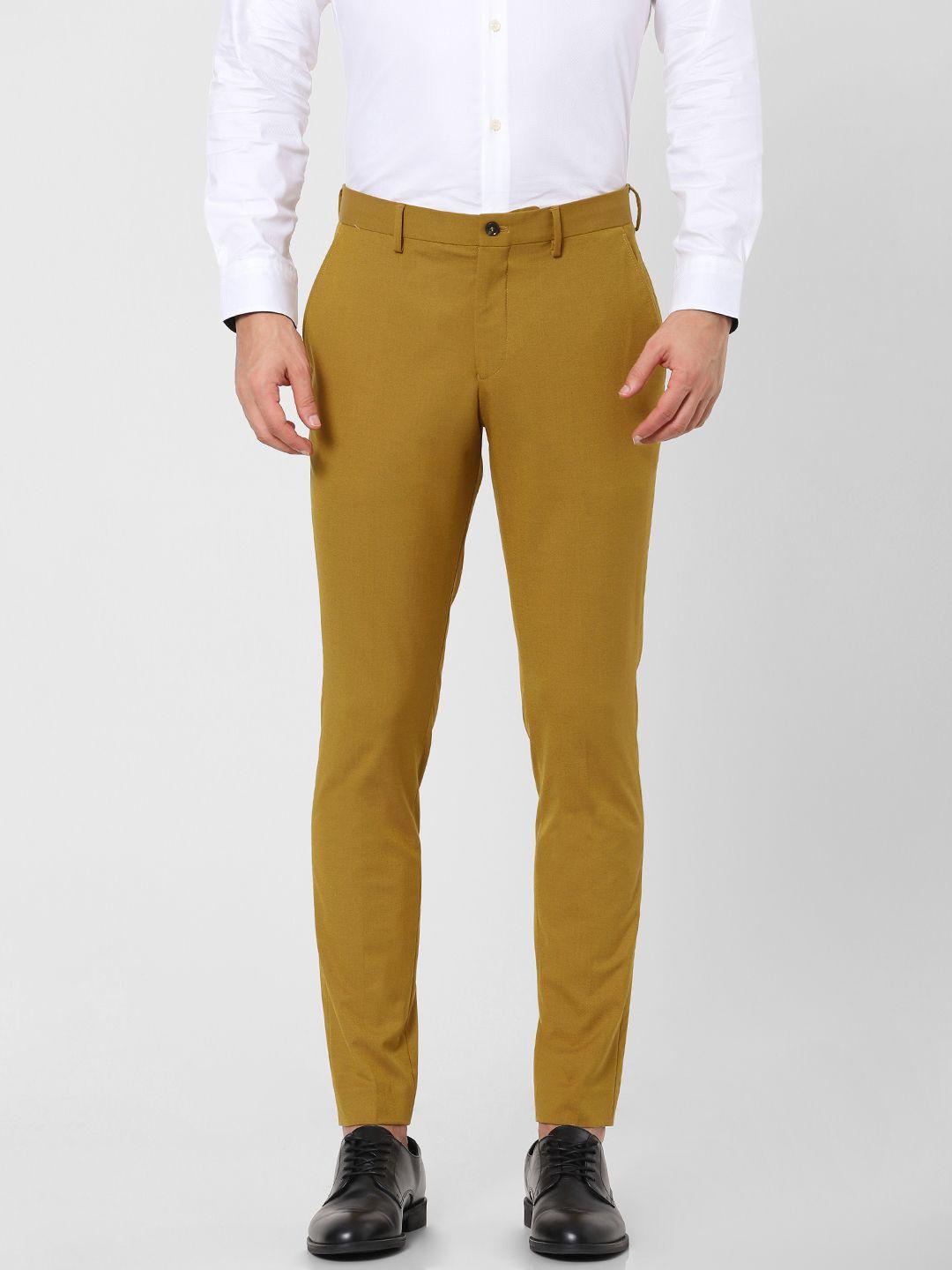 selected men mustard yellow solid slim fit formal trousers