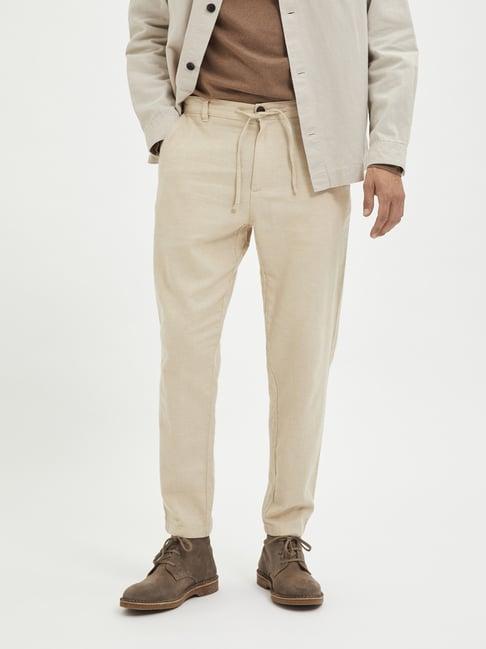 selected homme beige slim fit drawstring trousers