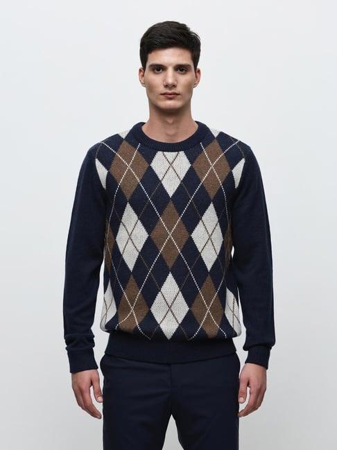 selected homme blue regular fit argyle sweater