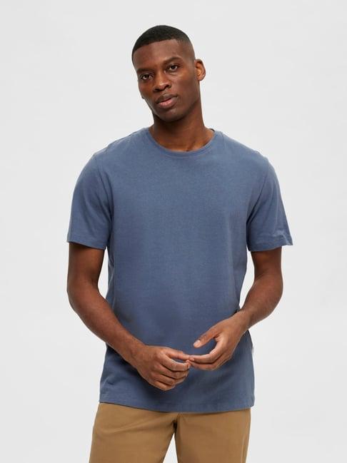 selected homme blue slim fit cotton linen crew t-shirt