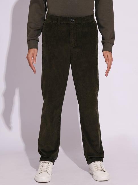 selected homme green straight fit corduroy flat front trousers