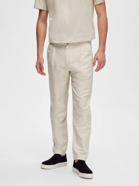 selected homme light beige slim fit pleated trousers