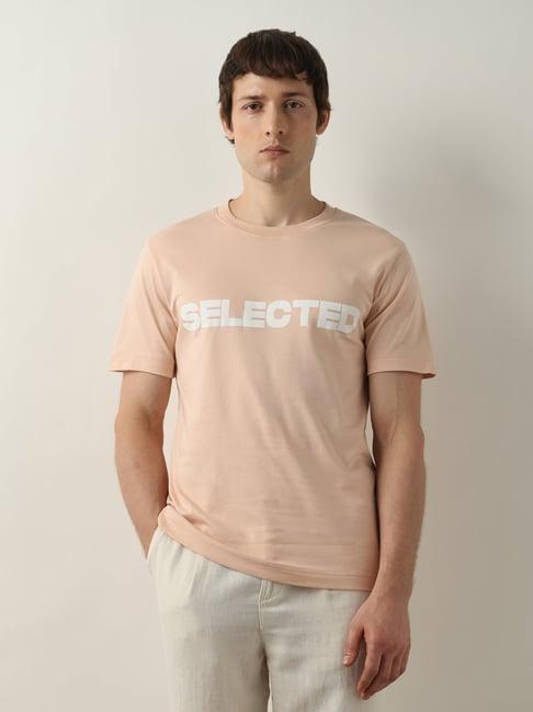 selected homme light pink slim fit logo print cotton crew t-shirt