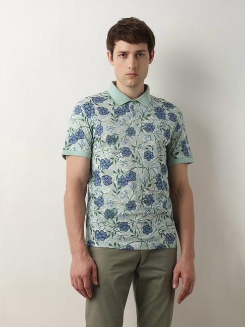 selected homme mint green slim fit floral print cotton polo t-shirt