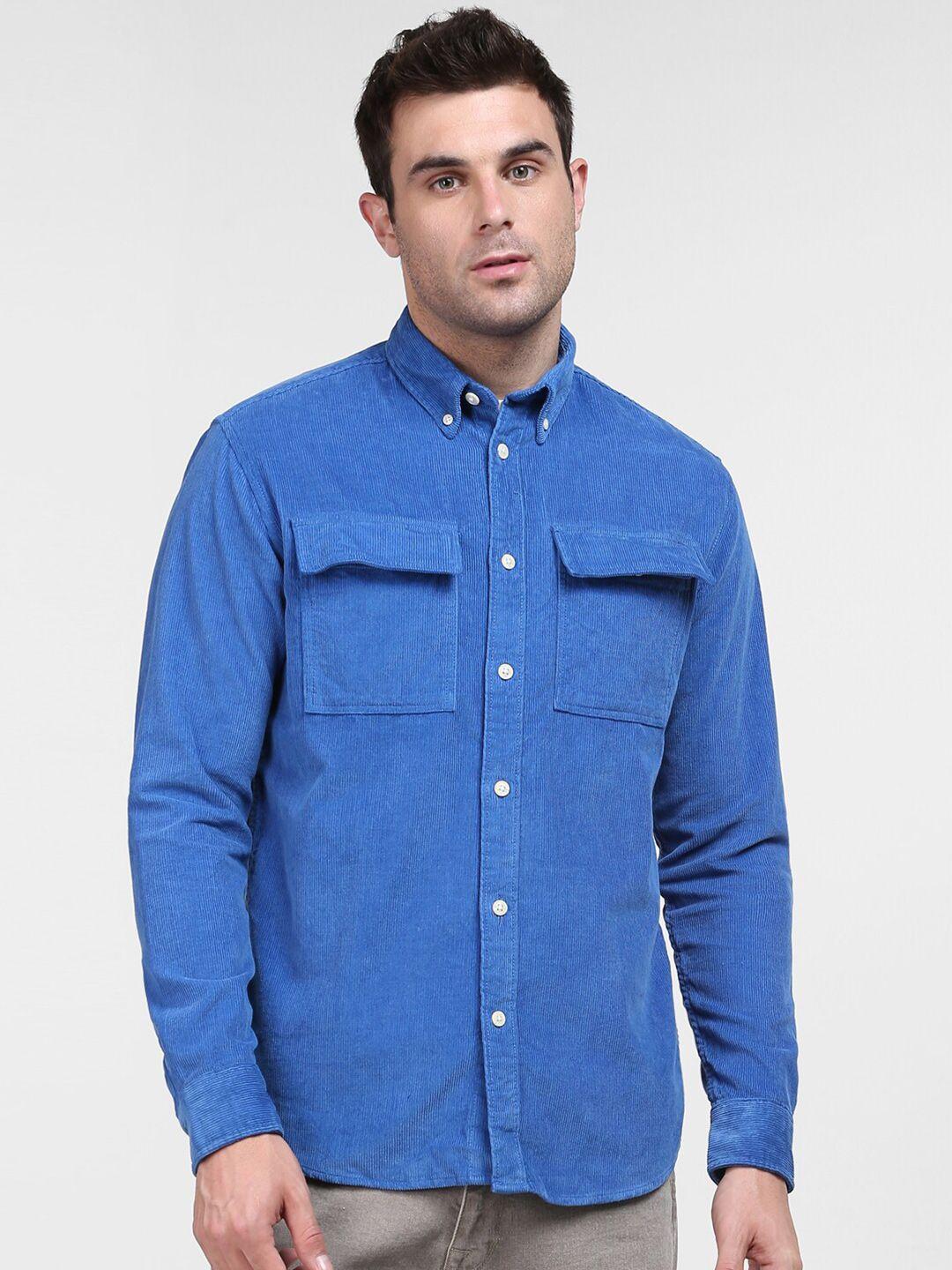 selected men blue regular fit corduroy button-down collar organic cotton casual shirt