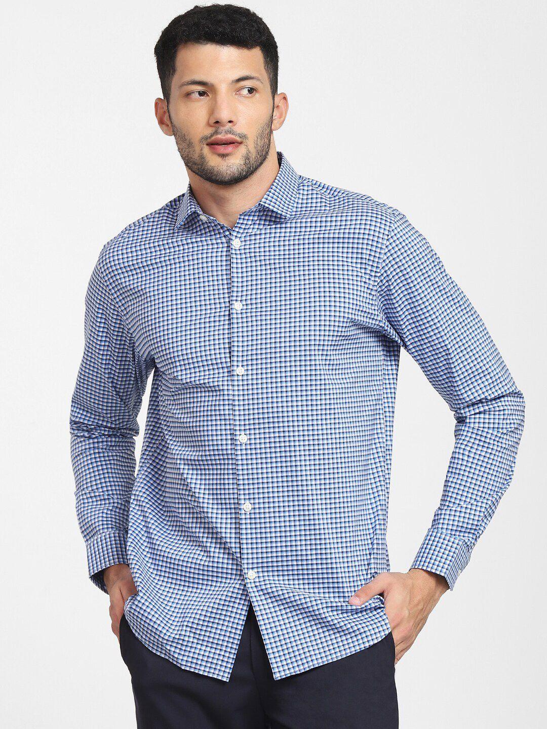 selected men blue slim fit micro checked casual cotton shirt