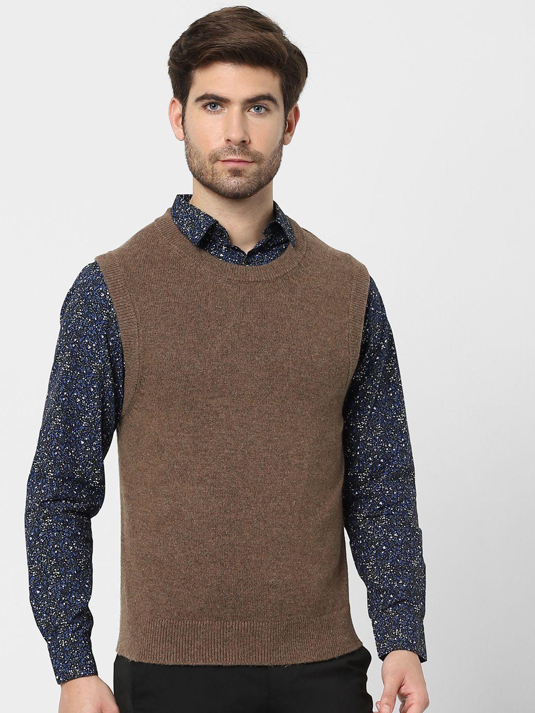 selected men brown solid knitted pullover sweater