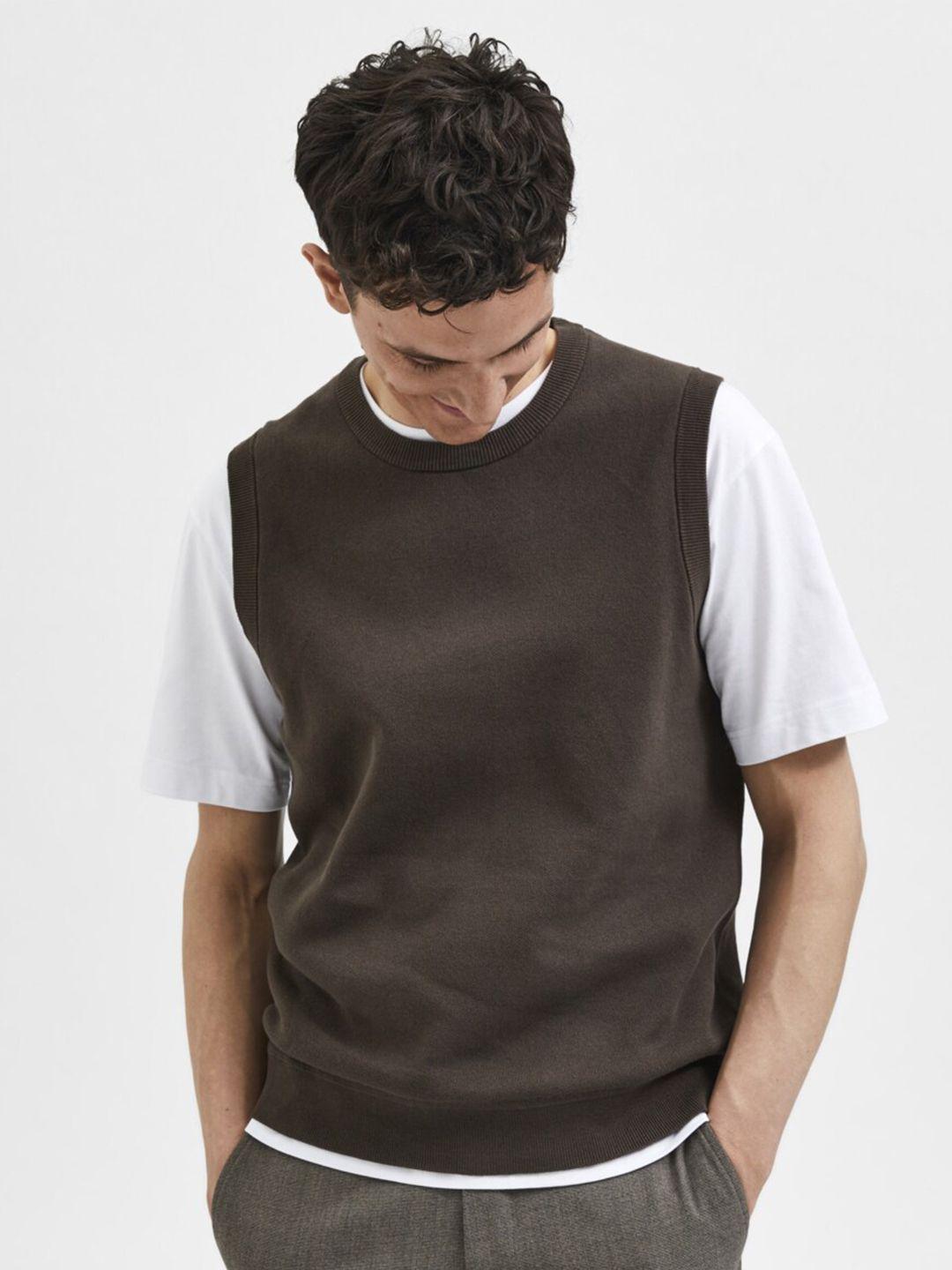 selected men brown solid sweater vest