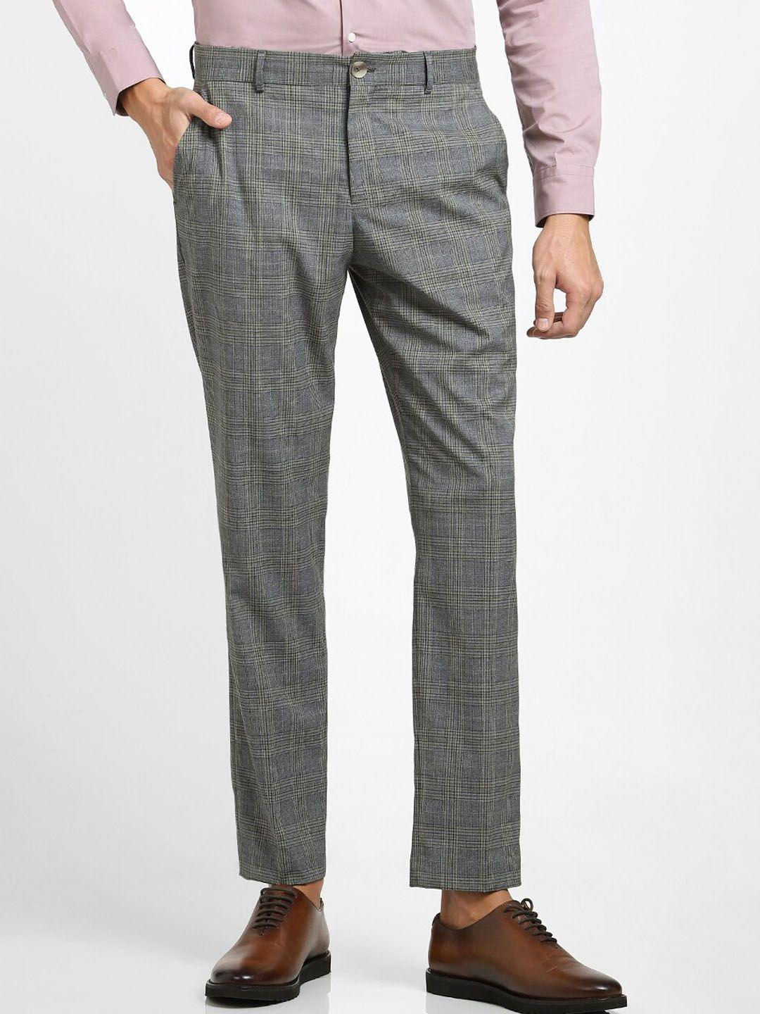 selected men grey checked slim fit trousers