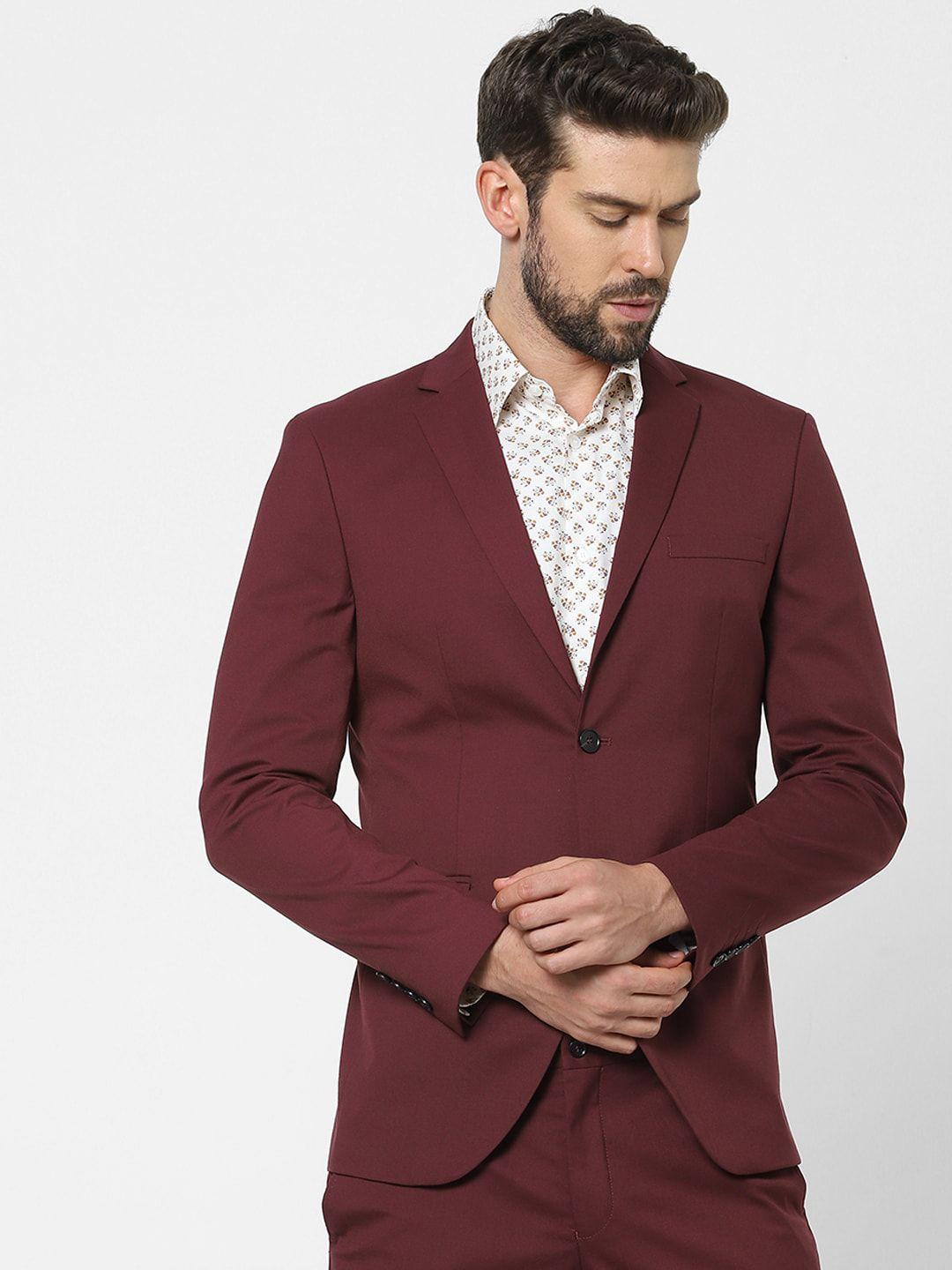 selected men maroon solid single-breasted regular-fit formal blazer