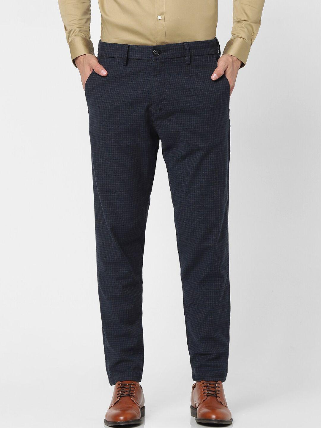 selected men navy blue checked slim fit trousers