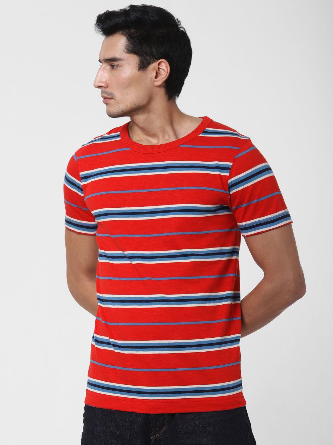 selected men red  blue striped round neck organic cotton t-shirt