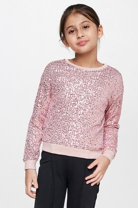 self design cotton high neck girls sweatshirts - pink