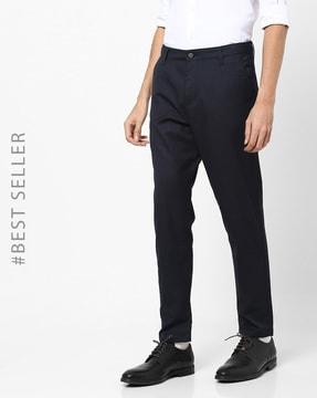 self-checked slim fit flat-front trousers